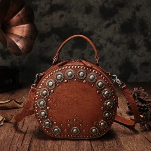 Vintage Leather Women's Round Crossbody Bag
