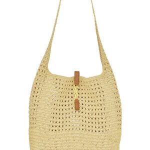 Saint Laurent Hobo Raffia Bag In Crochet And Smooth Leather Apricot