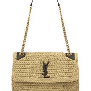 Saint Laurent Niki Medium Chain Bag In Raffia And Leather Apricot