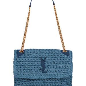 Saint Laurent Niki Medium Chain Bag In Raffia And Leather Blue