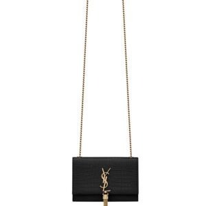 Saint Laurent Kate Small With Tassel In Embossed Crocodile Shiny Leather Black