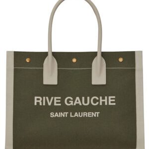 Saint Laurent Rive Gauche Small Tote Bag In Linen And Leather Green