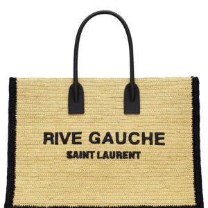 Saint Laurent Rive Gauche Tote Bag In Raffia And Leather Apricot