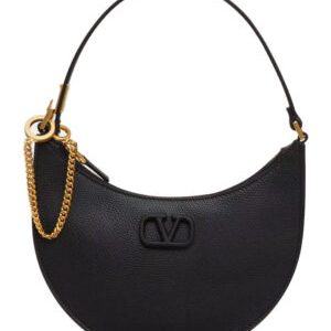 Valentino Logo Signature Mini Hobo Bag In Shiny Calfskin Black
