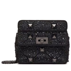 Valentino Small Roman Stud The Shoulder Bag And Chain With Sparkling Embroidery Black