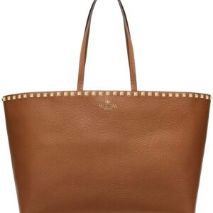 Valentino Large Calfskin Leather Rockstud Shopping Bag Coffee