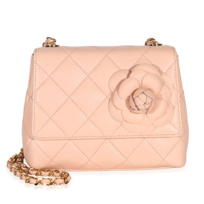 Vintage Pink Peach Quilted Lambskin Camellia Mini Flap Bag