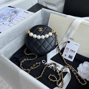 Chanel Woven CC Logo Round Coin Purse Shoulder Bag with Pearls In Black