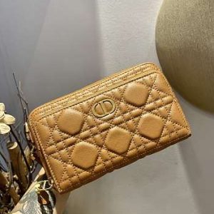 Dior Caro Double Pounch Brown Cannage Lambskin S5047 Size 19x10.5x5cm