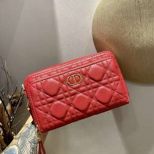 Dior Caro Double Pounch Red Cannage Lambskin S5047 Size 19x10.5x5cm