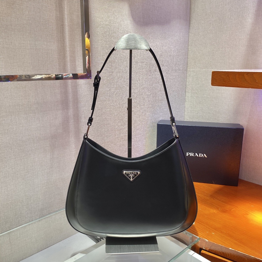 Prada Cleo Brushed Leather Shoulder Bag In Black Size 27x22x6cm