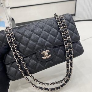 Chanel Classic Flap Bag Caviar Black Silver Chain 25cm