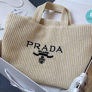 Prada Raffia Woven Tote Bag In Tan 36x38x11 cm