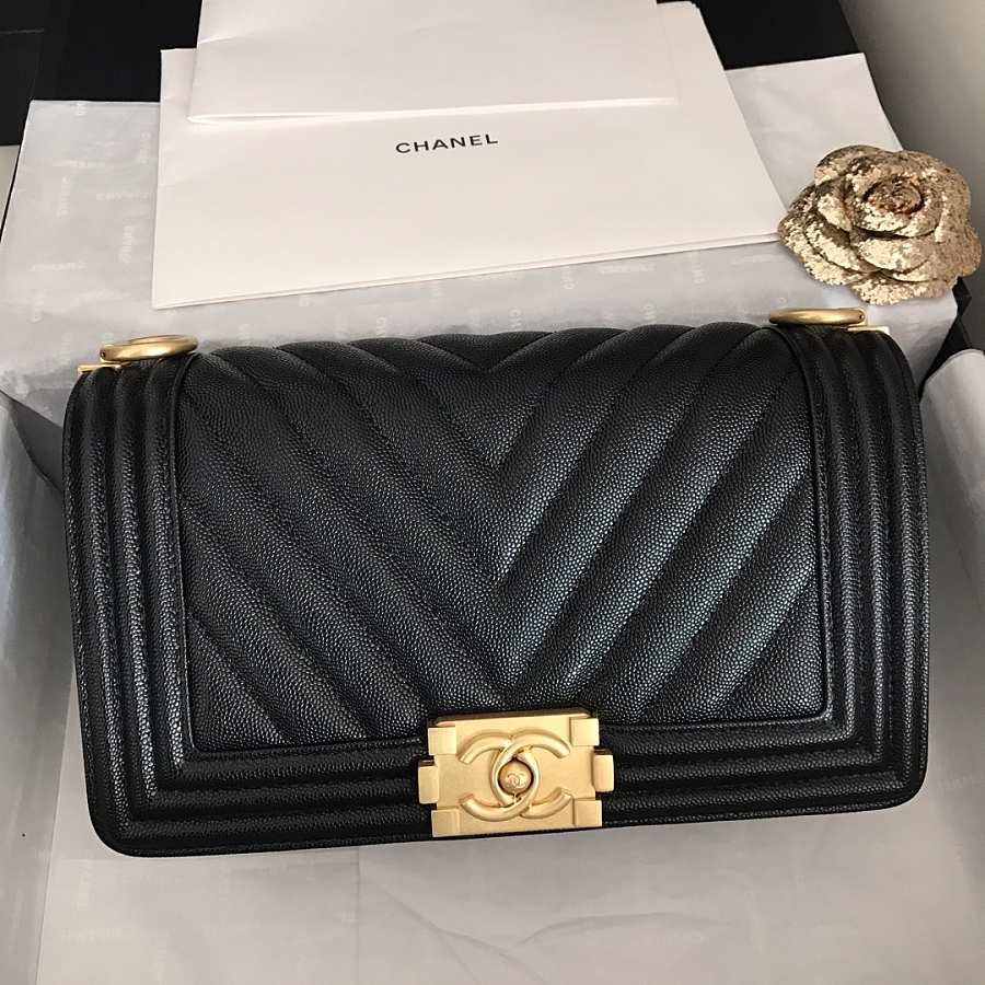 Chanel V-Boy handbag calfskin & gold metal in Black 25cm