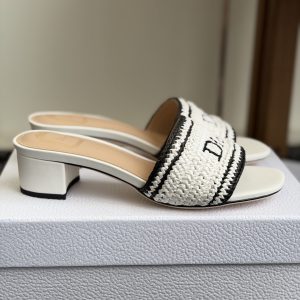 Colestore Dior Dioriviera Dior Woven Heeled Slide White Crocheted Raffia-Effect Technical Fabric