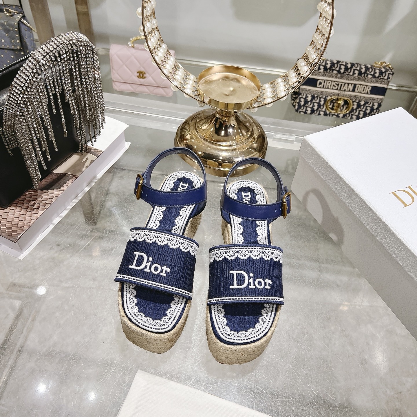 Colestore Dior Dentelle Wedge Sandal Navy Blue Dior Oblique Embroidered Cotton and White Lace