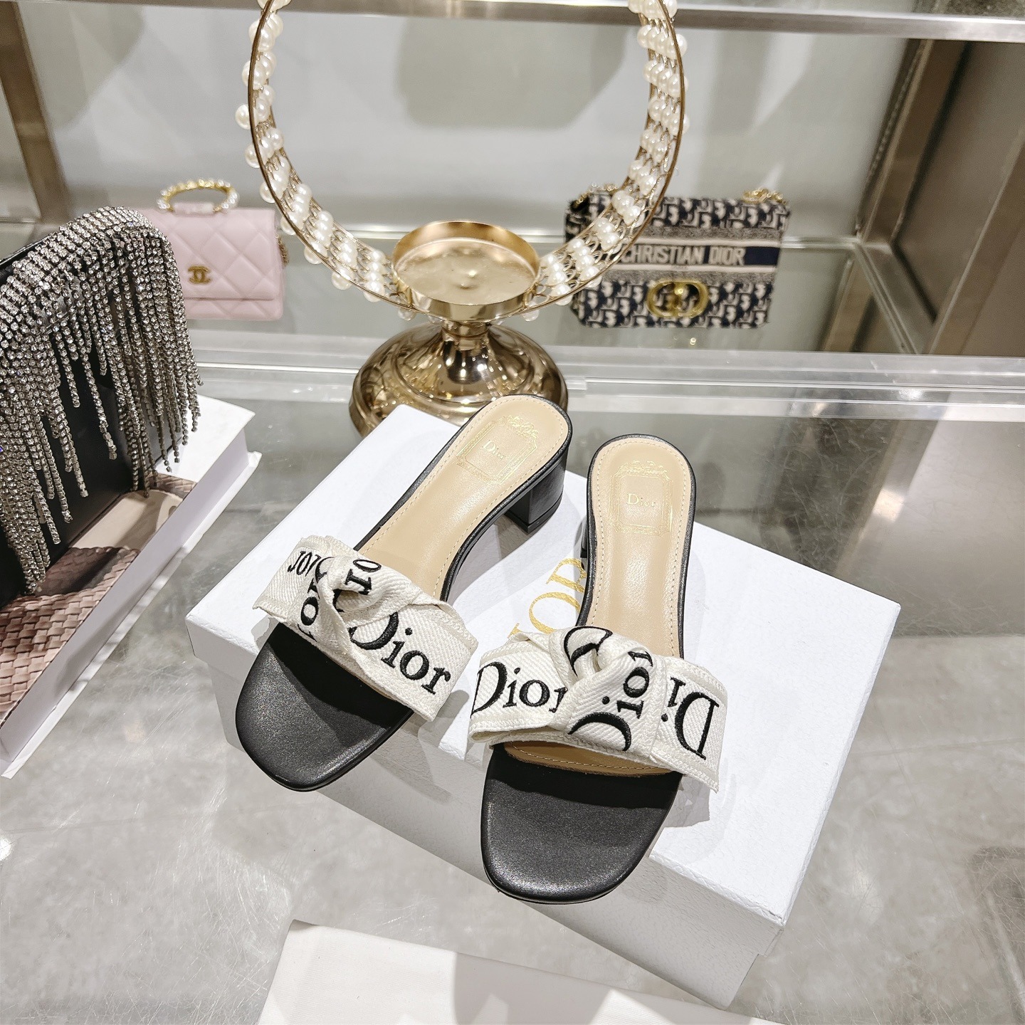 Colestore Dior J'Adior Heeled Slide Black Embroidered Cotton 3.5cm