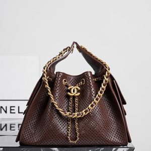 Colestore Chanel 25 Small Handbag Perforated Calfskin & Gold-Tone Metal Dark Brown 30 x 26 x 14cm