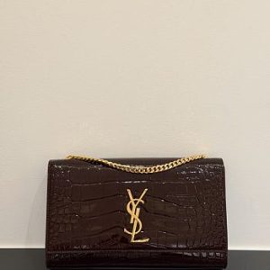 Colestore YSL Saint Laurent Small Kate Shoulder Bag in crocodile-embossed patent leather in Brown 24x14.5x5cm