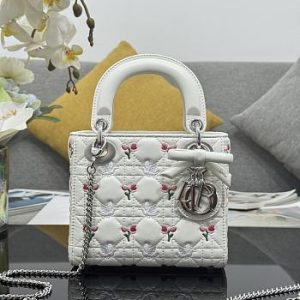 Colestore Dior Dioramour Mini Lady Dior Bag with Chain White Cannage Lambskin Embroidered with Multicolor Doves & Roses Motif 18 x 15 x 7 cm