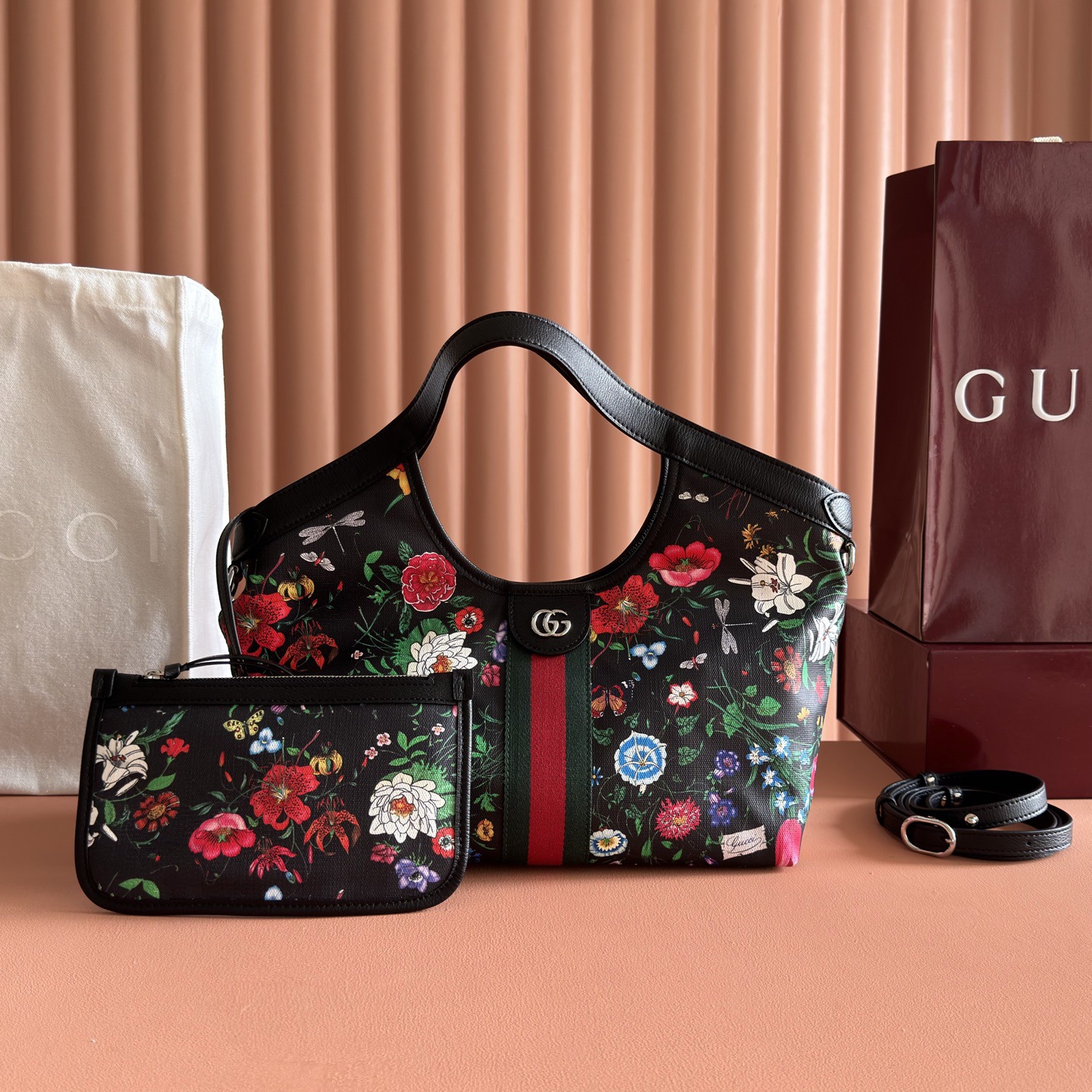 Colestore Gucci Giglio small tote bag black and multicolor Flora net 25 x 20 x15cm