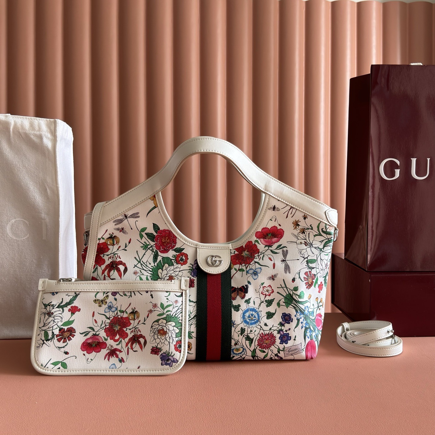 Colestore Gucci Giglio small tote bag white and multicolor net 25 x 20 x15cm