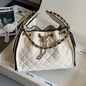 Colestore Chanel 25 Small Handbag Canvas, Calfskin & Gold-Tone Metal Ecru & Black 30 x 26 x 14cm
