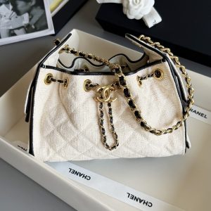Colestore Chanel Mini Handbag Canvas, Calfskin & Gold-Tone Metal Ecru & Black 20 x 22 x 12.5cm
