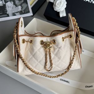 Colestore Chanel Mini Handbag Canvas, Calfskin & Gold-Tone Metal Ecru & Camel 20 x 22 x 12.5 cm