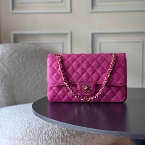 Colestore Chanel Medium Classic Handbag Grained Calfskin Fuchsia & Gold-Tone Metal  15.5 x 25.5 x 6.5cm