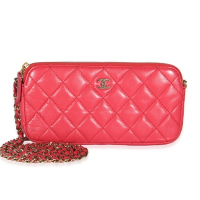 Pink Quilted Lambskin Double Zip Clutch With Chain