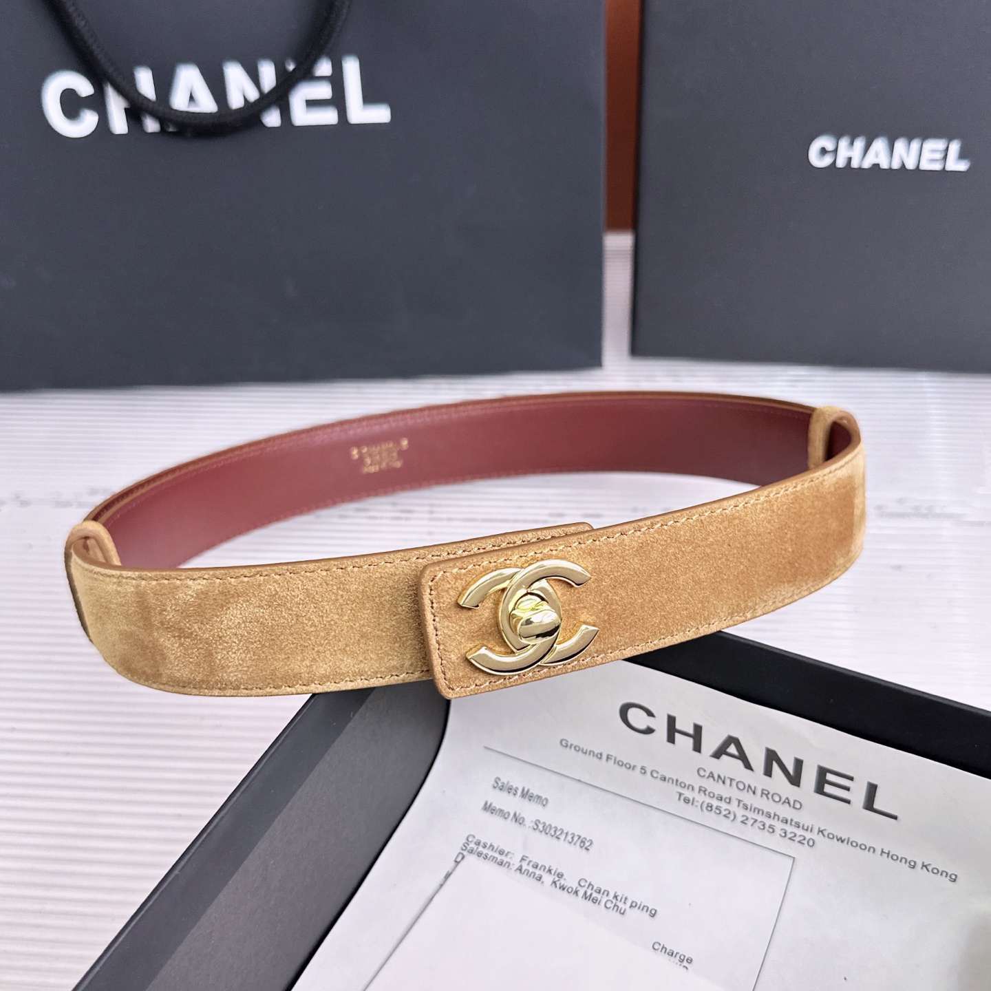 Chanel Leather belt Suede Calfskin & Metal Dark Beige & Gold