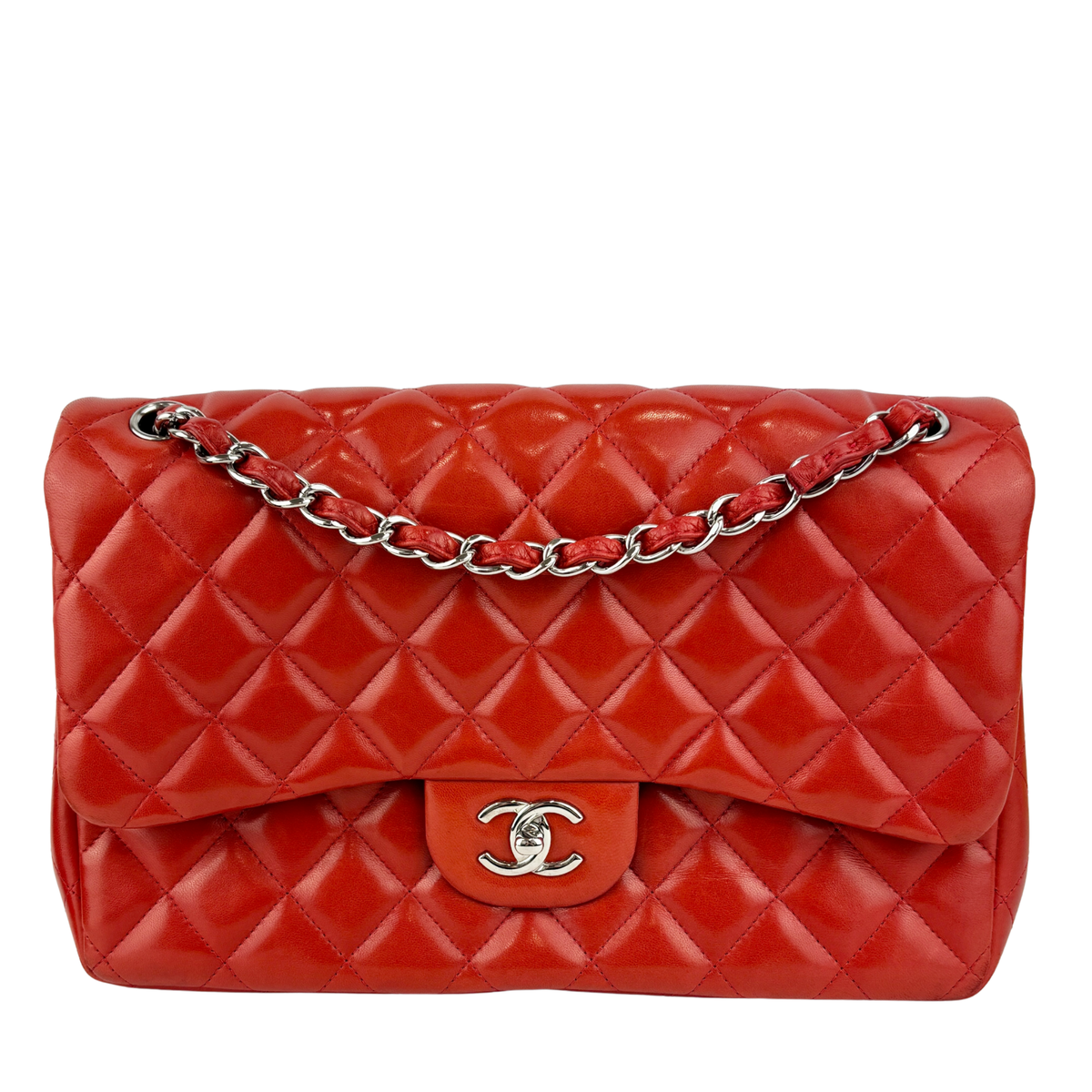 Red Lambskin Jumbo Double Flap SHW