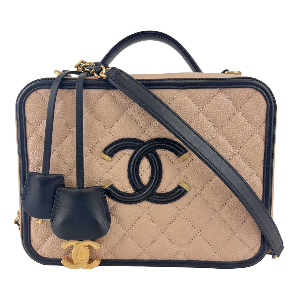 CC Filigree Vanity Case in Beige/Black Caviar Leather AGHW