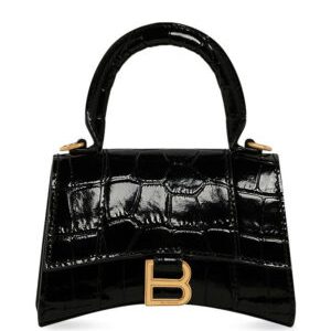 Balenciaga Hourglass Mini Handbag With Chain Crocodile Embossed Black