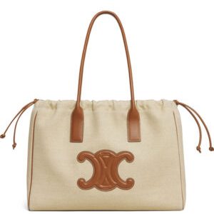 Celine Cabas Drawstring Cuir Triomphe In Textile And Calfskin Cream
