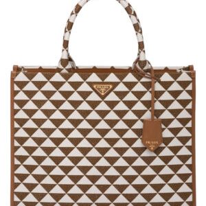 Prada Large Prada Symbole Jacquard Fabric Handbag Coffee