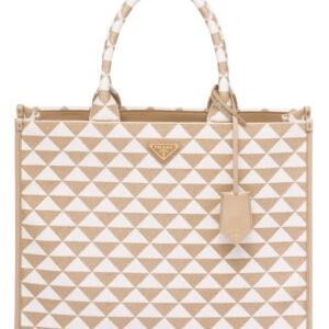 Prada Large Prada Symbole Embroidered Fabric Handbag 1BA356 Cream