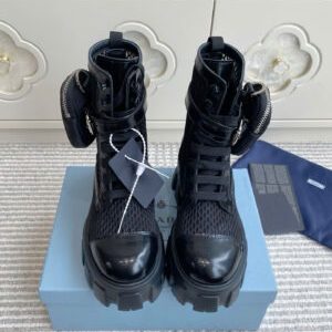 Prada Mesh Detachable-Pouch Combat Boots 5.5cm