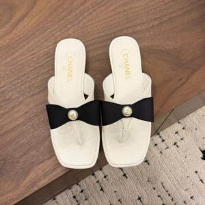 Chanel Lambskin Grosgrain Bow Pearl Thong Sandals