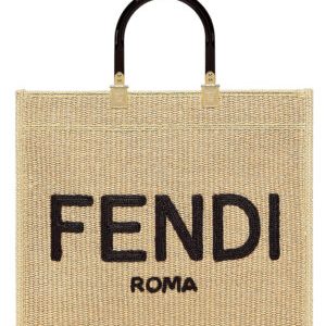 Fendi Medium Embroidered Straw Tote Bag Apricot