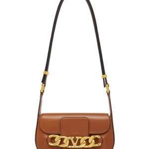 Valentino Vlogo Chain Small Laminated Nappa Shoulder Bag Coffee