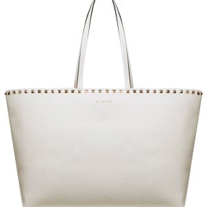 Valentino Large Calfskin Leather Rockstud Shopping Bag Cream