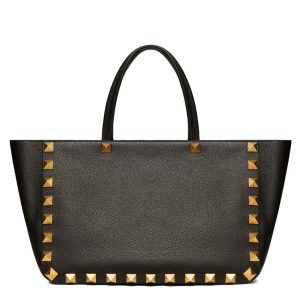 Valentino Roman Stud Grainy Calfskin Tote Bag Black