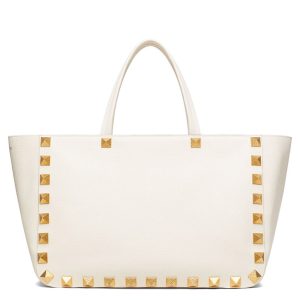Valentino Roman Stud Grainy Calfskin Tote Bag White