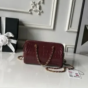 Chanel Calfskin Crocodile Embossed Mini Bowling Clutch Bag 19cm