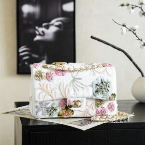 Chanel White Satin Floral Embroidered Flap Bag