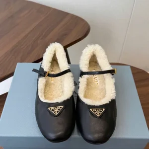 Prada Mary Jane Shearling Flat Shoes